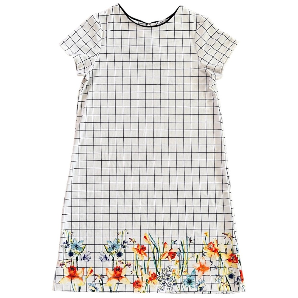 Dex Black & White Window Pane Shift Dress with Floral Print Trim / Size L